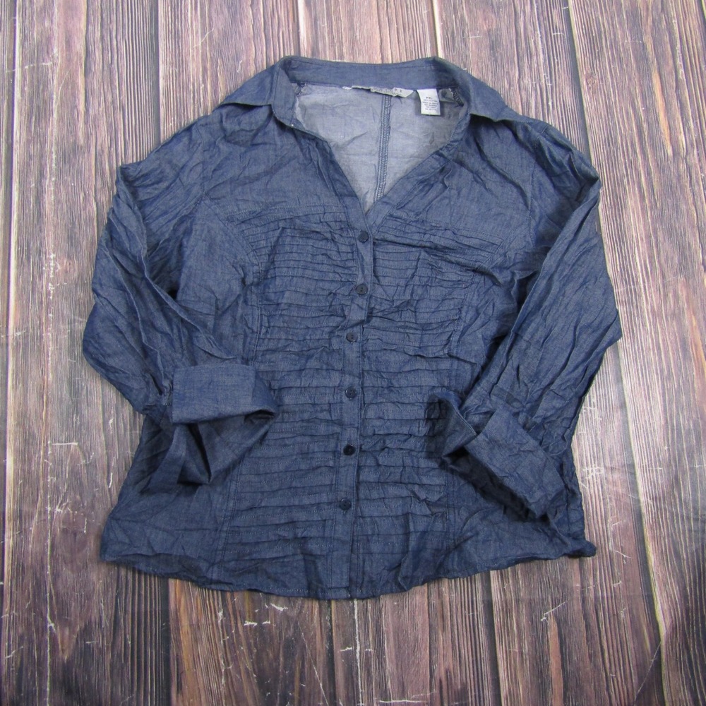 Signature by Larry Levine Shirt Women PXL Blue Pintuck Pleated Denim Cotton Top